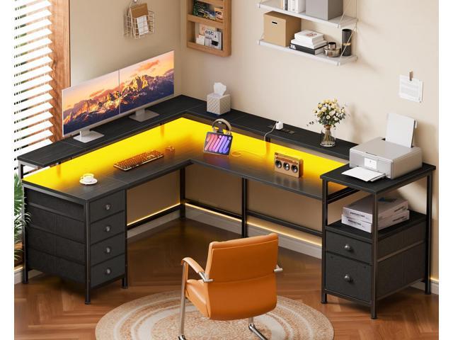 Furologee 66' Reversible L Shaped Gaming Desk with 6 Drawers & Printer Storage Shelves, Corner Computer Desk with Power Outlets & LED Lights, Home...