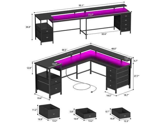 Furologee 66' Reversible L Shaped Gaming Desk with 6 Drawers & Printer Storage Shelves, Corner Computer Desk with Power Outlets & LED Lights, Home...