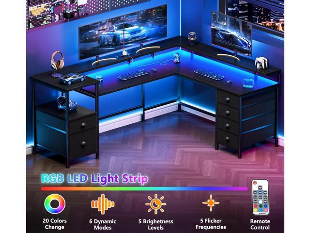 Furologee 66' Reversible L Shaped Gaming Desk with 6 Drawers & Printer Storage Shelves, Corner Computer Desk with Power Outlets & LED Lights, Home...