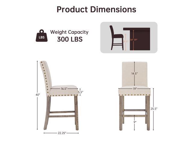 Bar Stools Set of 2, 25.5' Farmhouse Counter Height Barstools, Linen Upholstered Bar Chairs with Ergonomic Backrest and Wood Legs for Kitchen,...
