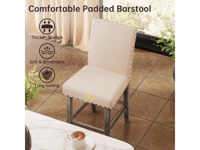 Bar Stools Set of 2, 25.5' Farmhouse Counter Height Barstools, Linen Upholstered Bar Chairs with Ergonomic Backrest and Wood Legs for Kitchen,...