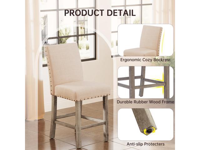 Bar Stools Set of 2, 25.5' Farmhouse Counter Height Barstools, Linen Upholstered Bar Chairs with Ergonomic Backrest and Wood Legs for Kitchen,...
