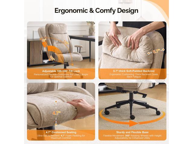 VINGLI Chenille Executive Ergonomic Fabric Office Chair with 100-130° Recline, High-Back Desk Chair with Adjustable Base & Padded Back & Wheels,...