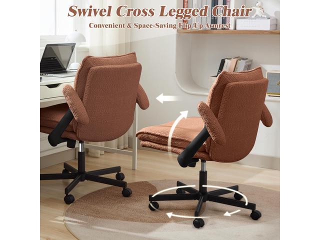 Criss Cross Legged Office Chair with Wheels and Flip-Up Arms, Upholstered Criss Cross Desk Chair, Wide Seat Chairs for Home Office, Vanity,...