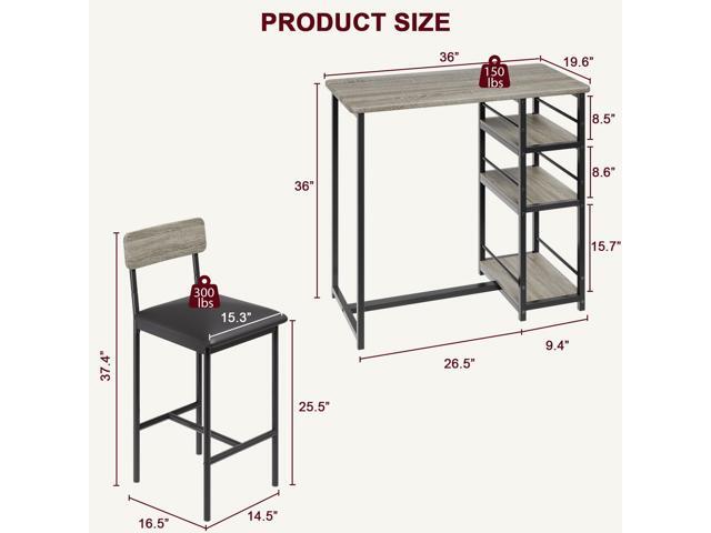 Bar Table and Chair Set with Three Shelves Small 2-Person Dining Table with 2 upholstered stools with backrests Suitable for Restaurants and...