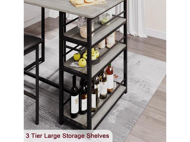 Bar Table and Chair Set with Three Shelves Small 2-Person Dining Table with 2 upholstered stools with backrests Suitable for Restaurants and...