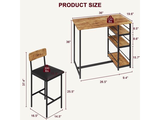 Bar Table and Chair Set with Three Shelves Small 2-Person Dining Table with 2 Upholstered Stools with Backrests Suitable for Restaurants and...