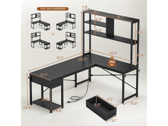 SEDETA L Shaped Gaming Desk, 51.2' Reversible Small Corner Desk with Drawer, Power Outlet & LED Lights, Computer Desk with Storage Shelves for...