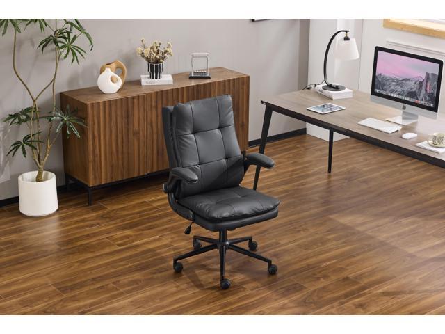 VINGLI Comfy Black Leather Office Desk Chair,Ergonomic High-Back Support Computer Gaming Chair with/No Wheels,Dual-Base,Adjustable Height,Flip-Up...