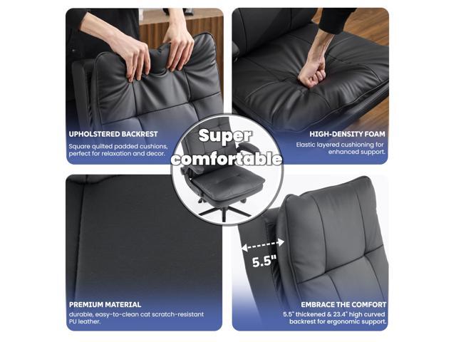 VINGLI Comfy Black Leather Office Desk Chair,Ergonomic High-Back Support Computer Gaming Chair with/No Wheels,Dual-Base,Adjustable Height,Flip-Up...