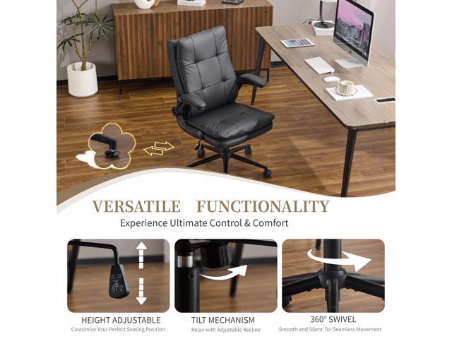 VINGLI Comfy Black Leather Office Desk Chair,Ergonomic High-Back Support Computer Gaming Chair with/No Wheels,Dual-Base,Adjustable Height,Flip-Up...