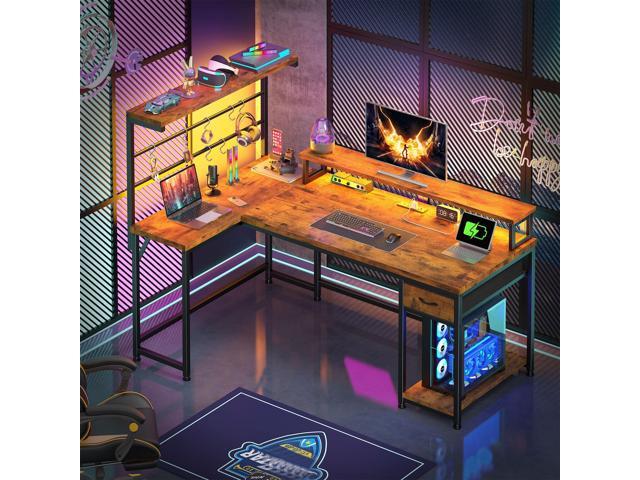 EnHomee 53 Inch Computer Desk with Power Outlet,Gaming Desk with LED Light,Reversible Office Desk with Hutch & Monitor Stand, L Shaped Corner Desk...