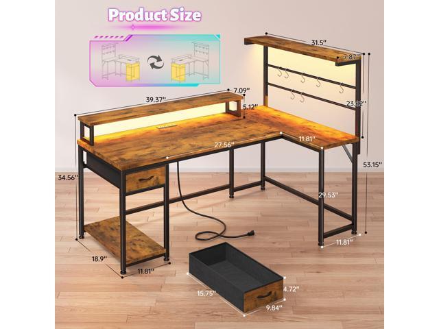 EnHomee 53 Inch Computer Desk with Power Outlet,Gaming Desk with LED Light,Reversible Office Desk with Hutch & Monitor Stand, L Shaped Corner Desk...