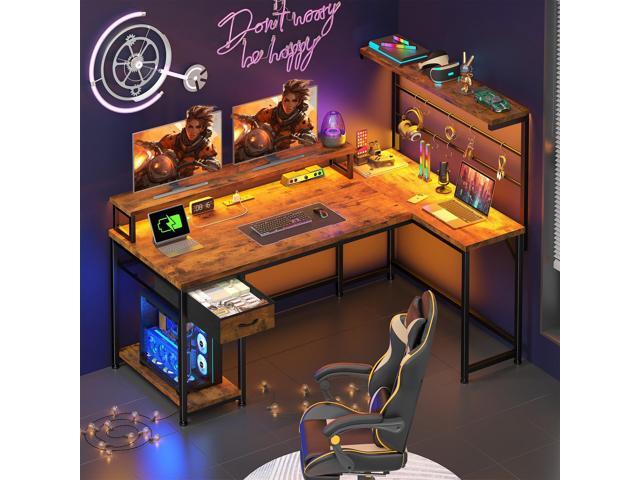EnHomee 53 Inch Computer Desk with Power Outlet,Gaming Desk with LED Light,Reversible Office Desk with Hutch & Monitor Stand, L Shaped Corner Desk...