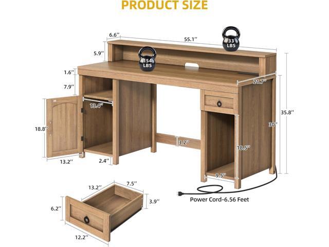 DWVO Farmhouse Office Desk with Drawer & Power Outlets, Rattan Computer Desk w/LED Strip & Monitor Stand for Bedchamber Study, Home Office Table...