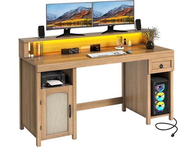 DWVO Farmhouse Office Desk with Drawer & Power Outlets, Rattan Computer Desk w/LED Strip & Monitor Stand for Bedchamber Study, Home Office Table...