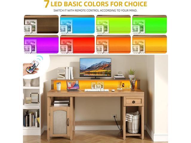DWVO Farmhouse Office Desk with Drawer & Power Outlets, Rattan Computer Desk w/LED Strip & Monitor Stand for Bedchamber Study, Home Office Table...