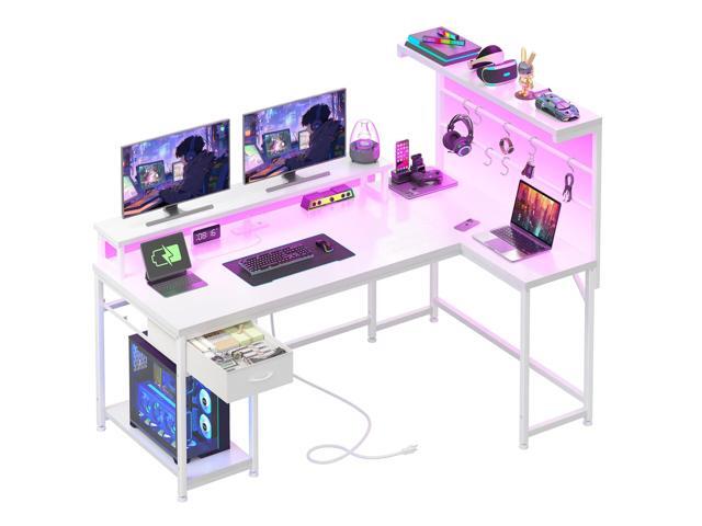 EnHomee 53' L Shaped Gaming Desk with Monitor with Hutch & Monitor Stand, Office Desk with Drawers &Hooks Computer Desk with LED Light &Power...