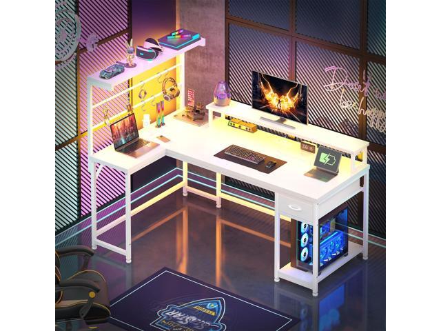 EnHomee 53' L Shaped Gaming Desk with Monitor with Hutch & Monitor Stand, Office Desk with Drawers &Hooks Computer Desk with LED Light &Power...