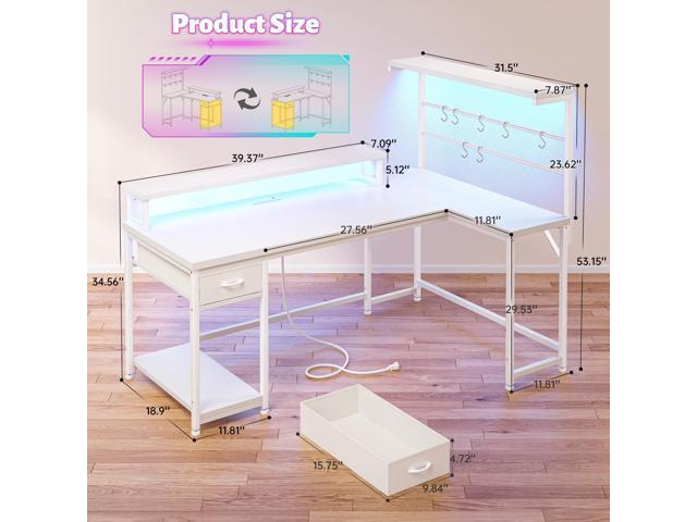 EnHomee 53' L Shaped Gaming Desk with Monitor with Hutch & Monitor Stand, Office Desk with Drawers &Hooks Computer Desk with LED Light &Power...