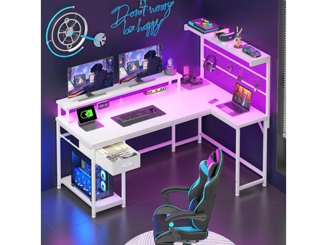EnHomee 53' L Shaped Gaming Desk with Monitor with Hutch & Monitor Stand, Office Desk with Drawers &Hooks Computer Desk with LED Light &Power...