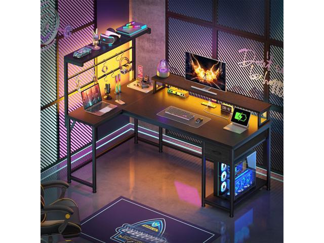 EnHomee 52.2'' Gaming Desk with LED Lights & Fabric Drawer, L Shaped Computer Desk with Ergonomic Monitor Stand, Reversible Office Desk with Hutch...