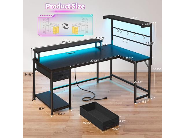 EnHomee 52.2'' Gaming Desk with LED Lights & Fabric Drawer, L Shaped Computer Desk with Ergonomic Monitor Stand, Reversible Office Desk with Hutch...
