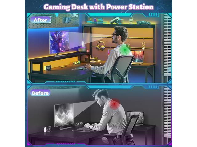 EnHomee 52.2'' Gaming Desk with LED Lights & Fabric Drawer, L Shaped Computer Desk with Ergonomic Monitor Stand, Reversible Office Desk with Hutch...