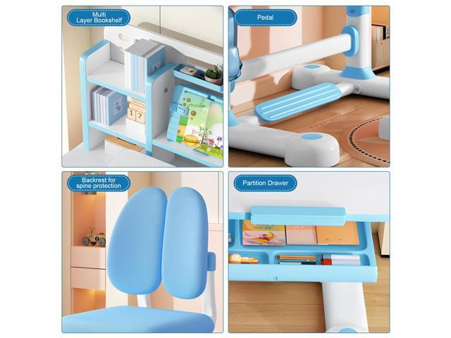 Upgrade Kids' Desk & Chair Sets, 50-Degree Tiltable Desktop Height Adjustable Kids Table and Chair Set with Bookshelf Storage Drawer for Bedroom...