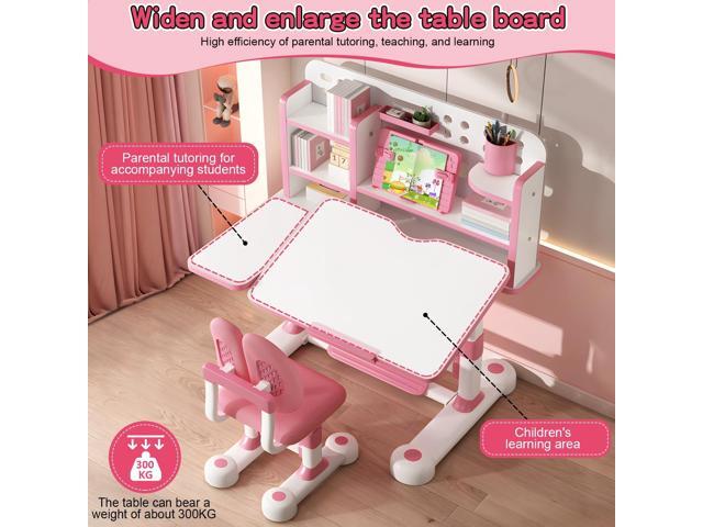 Upgrade Kids' Desk & Chair Sets, 50-Degree Tiltable Desktop Height Adjustable Kids Table and Chair Set with Bookshelf Storage Drawer for Bedroom...