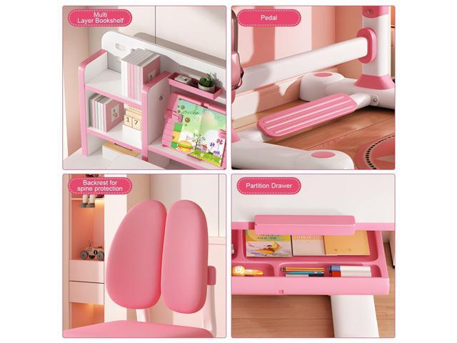 Upgrade Kids' Desk & Chair Sets, 50-Degree Tiltable Desktop Height Adjustable Kids Table and Chair Set with Bookshelf Storage Drawer for Bedroom...