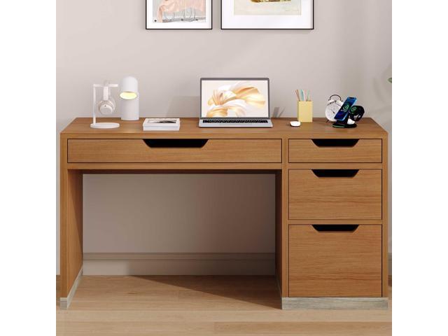 52 Inch Desk with 4 Drawers, Small Computer Desk for Small Space, Home Office Desk with Storage File Drawer for Bedroom, Brown