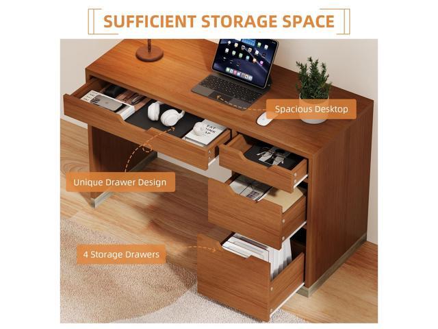 Small Computer Desk with Drawers, 48 Inch Home Office Desk with Storage for Bedroom, Wood Study Desk for Small Space, Writing, Brown