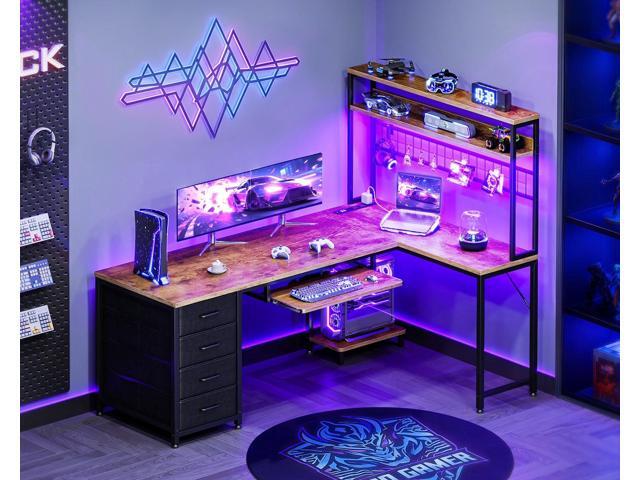 AODK 59 Inch L Shaped Desk with 4 Drawers, Gaming Desk with Led Lights & Power Outlets, Computer Desk with Pegboard, Reverisble Home Office Desk...