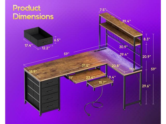 AODK 59 Inch L Shaped Desk with 4 Drawers, Gaming Desk with Led Lights & Power Outlets, Computer Desk with Pegboard, Reverisble Home Office Desk...