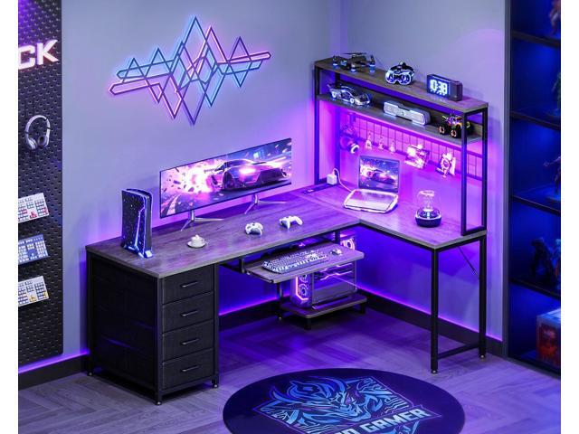 AODK 59 Inch L Shaped Desk with 4 Drawers, Gaming Desk with Led Lights & Power Outlets, Computer Desk with Pegboard & Keyboard Tray, Reverisble...
