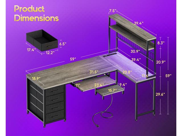 AODK 59 Inch L Shaped Desk with 4 Drawers, Gaming Desk with Led Lights & Power Outlets, Computer Desk with Pegboard & Keyboard Tray, Reverisble...