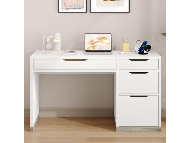 52 Inch White Desk with Drawers, Modern Home Office Desk with Storage for Bedroom, Study Desk with Storage File Drawer for Small Space