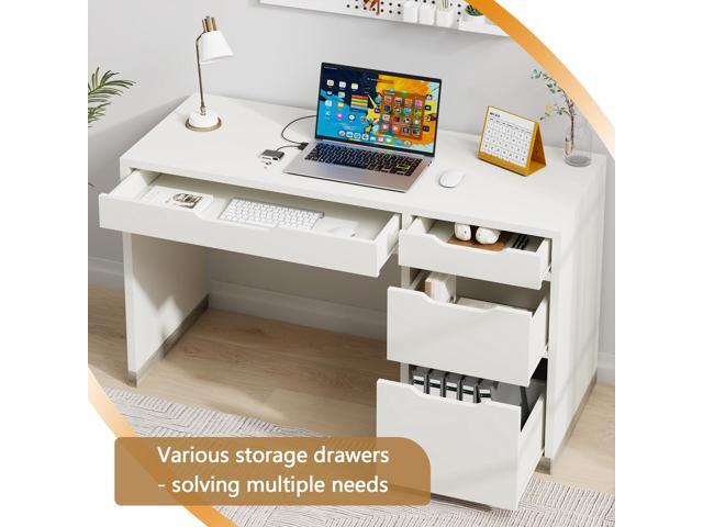 52 Inch White Desk with Drawers, Modern Home Office Desk with Storage for Bedroom, Study Desk with Storage File Drawer for Small Space
