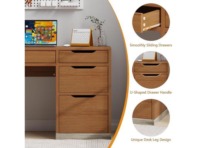 Small Desk with Drawers, 52 Inch Computer Desk with Storage, Home Office Desk with Filing Drawer for Bedroom, Brown