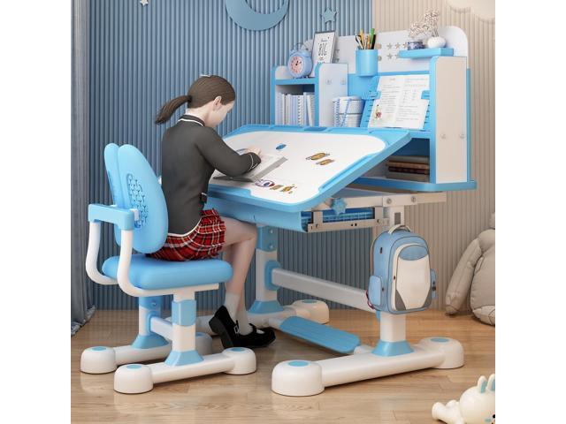 Upgrade Kid Desk and Chair Set, 50-Degree Tiltable Desktop Height Adjustable Kids Table and Chair Set with Bookshelf Storage Drawer for Bedroom...