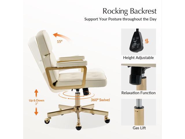 HULALA HOME Faux Leather Office Desk Chair with Golden Metal Legs, Comfy Upholstered Computer Chair with Tufted Backrest & Thick-Cushion Padded...