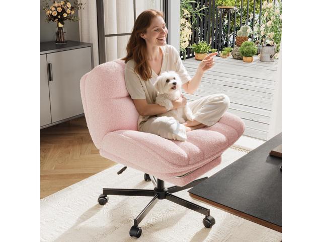 Cross Legged Office Chair with Foot Rest, 6.3' Thick Cushioned Criss Cross Chair with Wheels, Height Adjustable Swivel Vanity Chair for All-Day...