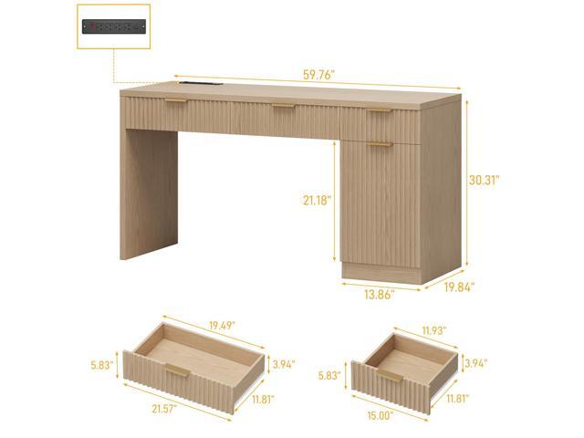 Vabches 60' Executive Desk with Fluted Drawers, Wood Home Office Desk with Storage Cabinet, Charging Station, Fluted Computer Writing Desk for...