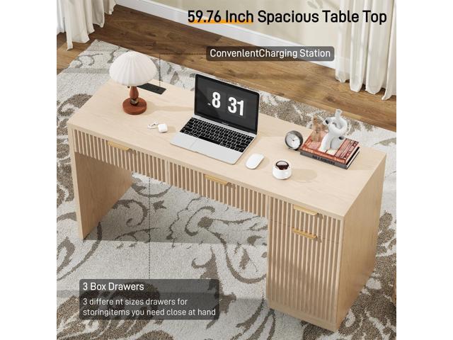 Vabches 60' Executive Desk with Fluted Drawers, Wood Home Office Desk with Storage Cabinet, Charging Station, Fluted Computer Writing Desk for...