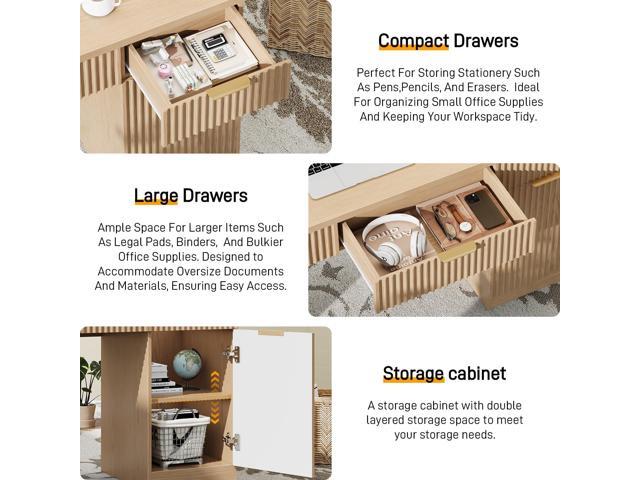 Vabches 60' Executive Desk with Fluted Drawers, Wood Home Office Desk with Storage Cabinet, Charging Station, Fluted Computer Writing Desk for...