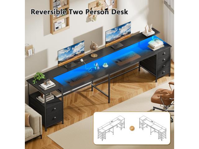 Furologee 95' Two Person Computer Gaming Desk, Long 2 Person Home Office Desk with 6 Drawers & Storage Shelves, Double Table with Power Outlets,...