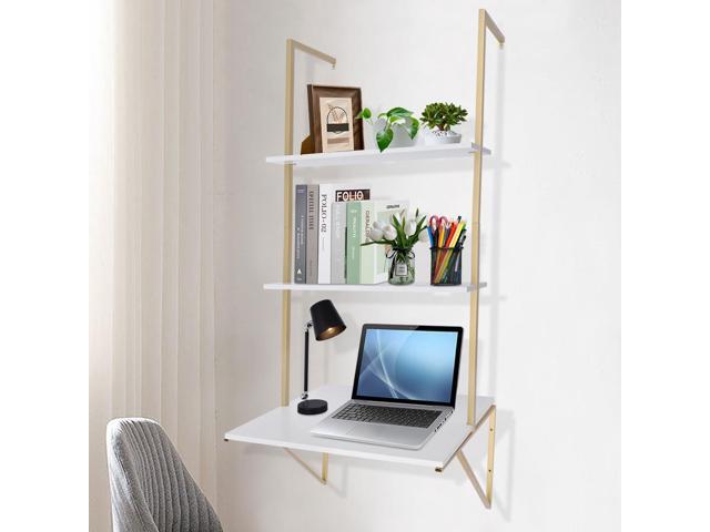 Wall Mount Desk 3-Tier Ladder Computer Desk with Storage Bookshelf Wall Table Industrial Bookcase Desk Industrial Floating Shelves for Home Office...