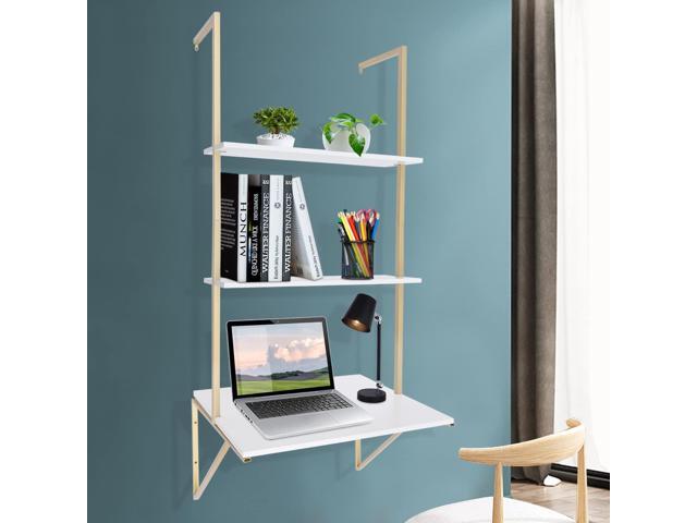 Wall Mount Desk 3-Tier Ladder Computer Desk with Storage Bookshelf Wall Table Industrial Bookcase Desk Industrial Floating Shelves for Home Office...