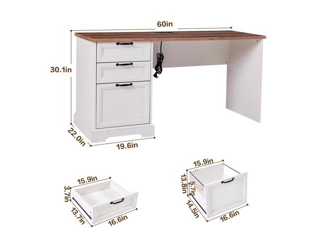 60' Farmhouse Executive Desk with Charging Station,Home Office Desk with 2 Drawers &1 File Cabinet,Wood Work Desk for Office and Home